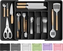 Large Silverware Organizer,Expandable Utensil Drawer Organizer,BPA Free Utensil Holder,Adjustable Silverware Tray Cutlery Drawer Organizer for Kitchen Flatware,Large,Black (6-8 Slots)