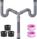 Double Sink Drain Kit - Flexible 1-1/2 & 1-1/4 P-Trap Plumbing Pipe for Kitchen & Bathroom - Expandable Gray Drain Assembly for Sink Bowl