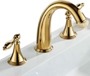 Beelee Gold Solid Brass Widespread Bathroom Faucet 3 Hole Two Handle Deck Mounted Faucet High Arc Lavatory Sink Taps with Ceramic Valve and 2 Hoses, Without Drain