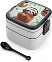 Bento Box Stackable Lunch Box with 2 Compartments Leak-Proof Food Storage Containers Funny Cute Animal Sloth Music Bento Lunch Box for Adults Lunch Containers with Utensil Set