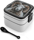 Stackable Double-Layer Bento Box Longhorn Ram Pictures Adults Lunchbox With Spoon Cute Japanese Bento Box Dishwasher Safe for Work Travel Dining Outc