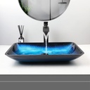 Bathroom Vessel Sink 22 Inch Blue Glass Sink Art Basin,Above Counter Rectangular Bathroom Sink with Waterfall Faucet and Pop-Up Drain Combo