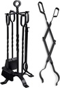 5 Pieces Fireplace Tools Set Indoor Wrought Iron+26" Long Fireplace Tongs Log Grabber for Fire Pit