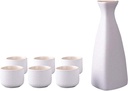 Sake Set Japanese Sake Pot Set Traditional Sake Cup Hand Painted Design Porcelain Pottery Ceramic Crafts Wine Glasses Cups 7 Piece, White, Round