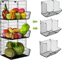 Wall Mounted Wire Fruit Basket, 3 Tier Wire Hanging Fruit Basket for Kitchen, Bathroom Wall Storage Basket Organizer with 6 Hanging Hooks, Fruit Shelves for Kitchen, Pantry Wall
