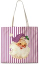 Purple Striped Christmas Santa Tote Bag, Trendy Santa Claus Xmas Canvas Tote Bags, Holiday Christmas Reusable Grocery Shopping Bag