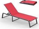 Aluminum Chaise Lounge Chair Outdoor, Foldable & Assembly Free Patio Pool Lounge Chairs 5-Position Recliner for Outside Poolside, Fully Grounded Legs Sun Lounger for Beach, Yard, Red