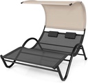 Tangkula 2 Person Lounge Chair with Canopy, Outdoor Chaise Lounge with 2 Detachable Pillows, UPF50+ Extra Large Double Patio Hammock Sunbed Chair with 2 Wheels for Backyard, Poolside