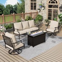 Patio Furniture Set with Firepit Table, 4 Pcs Metal Outdoor Conversation Set, 2 Swivel Chairs and 3 Seater Sofa with 5.75" Extra Thick Cushion and Gas Fire Pit Table for Backyard Deck, Beige