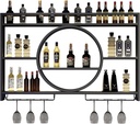 Wall Mounted Wine Rack with Wine Glass Holder,Metal Floating Bar Liquor Shelves 3 Tier,Wall Bar Shelf Wine Display Storage Holder for Kitchen Dining Room Bar Wine Cellar,Black/Gold