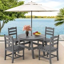 5 Piece Round Outdoor Dining Set, Relaxing HDPE Outdoor Table and Chairs with 105° Ergonomic Backrest, All-Weather Patio Table and Chairs Set with Umbrella Hole for Porch, Poolside, Gray