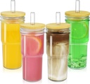Artcome 4 PC 24oz Glass Cup Set with Bamboo Lids, Large-bore Glass Straws - Wide Mouth Mason Jars - Drinking Glass, Ice Coffee Cup, Smoothie Tumbler, Travel Muge, Boba Cup, Beer Glass - Ideal Gift