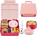 MAXSO Bento Lunch Box Set for Kids with 8 oz Soup Thermo, Leakproof Hot Food Container with 4 Compartments, Insulated Food Jar for Toddler Daycare Boys Girls School - Pink