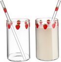 Gatuida Set of 2 Glass Milk Cups Strawberry Design for Tea Coffee Juice Hot Water for Friends Random Style
