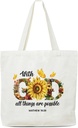 Women's Canvas Tote Bag, With God All Things Are Possible Bible Tote With Sunflower Design, Christian Gifts For Women And Friends, Religious Reusable Shopping Bags With Handles-06