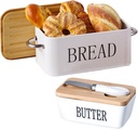 bangminda Kitchen Countertop Bread Box & Butter Dish with Bamboo Lid, Large Metal Bread Container with Handle/Ceramic Butter Holder with Stainless Steel Knife (White)