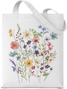 Dumyum Wildflowers Canvas Tote Bag for Women Watercolor Flowers Aesthetic Reusable Grocery Shoulder Bag for Shopping Travel Daily Commute
