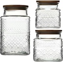 Glass Storage Jars Vintage Embossed Canisters Food Cereal Storage Containers with Bamboo Lid, Decorative Jars for Kitchen Counter,Pantry,Set 3-Piece Glass Jars in 60oz/40oz/20oz (Square)