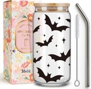 Happy Halloween Bats Drinking Glass Cups Gifts for Women,Halloween Spooky Gifts Ice Coffee Glass Tumbler for Boo Basket Stuffers,Goth Bat Room Decor 16oz Glass Tumbler with Lid and Straw