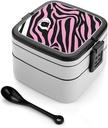 Zebra-like Print Bento Box with Spoon, 2-layer Stackable Lunch Box Leak Proof with Invisible Handle, Insulated Food Storage for Office, Picnic & Travel
