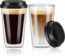 2 Packs Double Walled Glass Coffee Mugs with Silicone Lids, 12 OZ Reusable Glass Coffee Cups, Insulated Coffee Mugs, Cappuccino,Tea,Latte,Iced Coffee Cups, Glass Travel Mug, Heat Resistant