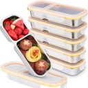 Tioncy 6 Pcs Reusable Snack Containers with Leakproof Lids Stainless Steel 2 Compartments Bento Boxes 30 oz Metal Divided Prep Lunch Box Food Storage Container for Snacks Dips Condiments
