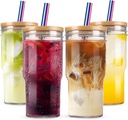 24 oz Glass Cups with Lids and Straws - 4 Pack Tumbler Cups Wide Mouth Mason Jar Drinking with Bamboo Lid and Straw, Reusable Glass Tea Cup for Smoothie, Iced Coffee, Water, Juice, Milk