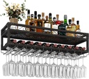 Wine Rack Wall Mounted with Wine Glass Holder,Iron Wine Storage Racks,Metal Floating Shelves,Hanging Liquor Shelf,for Home Bar Wine Cellar Living Room Kitchen Decor，Black (Size :