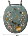 ELONGATED AQUA, LIGHT BLUE SEASHELL and SEAHORSE RESIN TOILET SEAT, CHROME HINGES