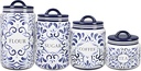 Young's Inc. 4 Pcs Set Talavera Ceramic Canisters- Storage Container for Kitchen and Bathroom - Beautiful Home Decor Accent to Store Food, Coffee, Tea, and More - White, Blue