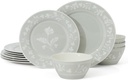Martha Stewart Maiden Crown 12-Piece Sage Green Dinnerware Set – Vegan Bone China Ceramic Plates & Bowls – Floral Design – Service for 4 – Microwave & Dishwasher Safe