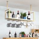 Ceiling Mounted Wine Rack, 31.5 Inch Metal Wine Rack with Wine Glass Holders Hanging Goblet Shelf Wine Storage Organizer Wine Display Stand Gold for Bar Hotel Cafe