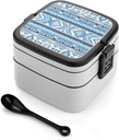 Blue And White Pattern Bento Box - Double Layer, Leakproof Food Containers with Partition & Spoon, Stackable Lunch Box for Office, Travel, Camping