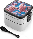 Bento Lunch Box for Women Lunch Containers for Adults Beautiful Spring Cherry Blossoms Double Layered Lunchbox Large Capacity Bento Box with Cutlery for Work Picnic Camping Travel