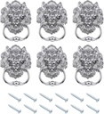 uxcell 6 Pcs Lion Head Pulls Knob, 6 Inch Zinc Alloy Vintage Lion Door Handle Decorative Front Door Knob Ring Pull Handle for Gate Cabinets Drawers, Silver