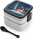 Christmas Tree Decorated House Bento Box Adult Lunch Box All-in-One Stackable Bento Lunch Box with Compartments Double Layer Lunch Boxes Leak-Proof Lunchbox Lunch Containers for Work Picnics Travel