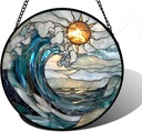 Stained Glass Window Hanging, Blue and White Waves Suncatcher Diamond Glass Panel Landscape Sun Catchers Decor for Birthday for Women, Men, Wife, Aunt, and Mom 7.8 in