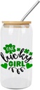Glass Cups with Bamboo Lids And Straw 16 Oz, St. Patrick's Day One Lucky Girl Iced Tea Glasses Drinking Glasses Set Tumbler Glass Can Coffee Cups, Drinking Glassware