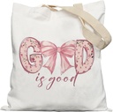 God is Good Christian Tote Bag, Coquette Pink Bow Bible Verse Canvas Tote Bags for Women, Reusable Grocery Bags, Size: 13 x 15 inches, Color: Pink