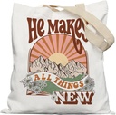 He Makes All Things New Christian Bible Verse Tote Bag, Christian Gifts for Women, Boho Sunshine Mountain Canvas Tote Bags for Women, Bible Verse Gifts, Reusable Grocery Bags Shopping Bags