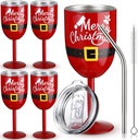 4 Pcs Christmas Stainless Steel Wine Glasses Cups with Lids Santa Belt Double Wall Insulated Unbreakable Goblets Insulated for Christmas Holiday Wedding Home Party Gift Supplies