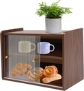 Walnut Wood Bread Box for Kitchen Countertop - 2 Sliding Doors & Acrylic Window, 2 Layer Corner Bread Storage Container, Pantry Organizer for Bread, Spice & Snack