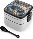 Adult Double-Layer Bento Box Airplane Cockpit Portable Lunch Box with Spoon And Invisible Handle Leakproof Microwave-Safe Food Container for Work Travel Camping