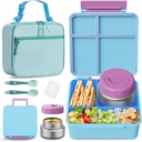 Bento Box for Kids with Thermo Food Container (9oz), 4-Compartment Lunch Box, Adjustable Divider, Leakproof Bento Lunch Box, Includes Utensils & Carry Bag for School, Office(Light Blue)