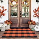 Orange and Black Plaid Rug, 28'' x 43'' Fall Outdoor Front Door Decor Mat, Cotton Washable Hand-Woven Rug for Layered Doormat, Autumn Halloween Thanksgiving Carpet for Porch, Entryway