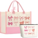 Bow Tote Bag 2Pcs Coquette Pink Bow Preppy Makeup Bag Set Cute Aesthetic Pink Bow Canvas Reusable Grocery Shopping Bag