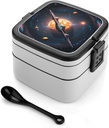 Spaceship Bento Box Leak-Proof Double Layered Lunch Containers with Spoons And Invisible Handle, Portable Lunch Boxes for Work Picnic Travel