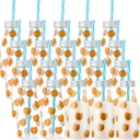 Yungyan 20 Pcs Plastic Cookies Milk Bottles with Straws and Lids Small Clear Milk Jar with Lids Mini Juice Bottles and 300 Sticker Labels for Theme Birthday Party Baby Shower