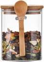 1000ML/33.5Oz Square Clear Glass Storage Jar with Wooden Lid and Spoon Kitchen Airtight Food Storage Canister Container Preserving Seal Containers Airtight Spice Jar for Cereal Tea Coffee Candy