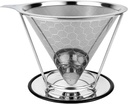 Steel coffee filter, Portable Coffee Drip Cone with Separate StandReusable Pour Over Coffee Dripper, Stainless Steel Fine Mesh Filter with Cork Grip, Single Serve Coffee Maker for Travel, with brush